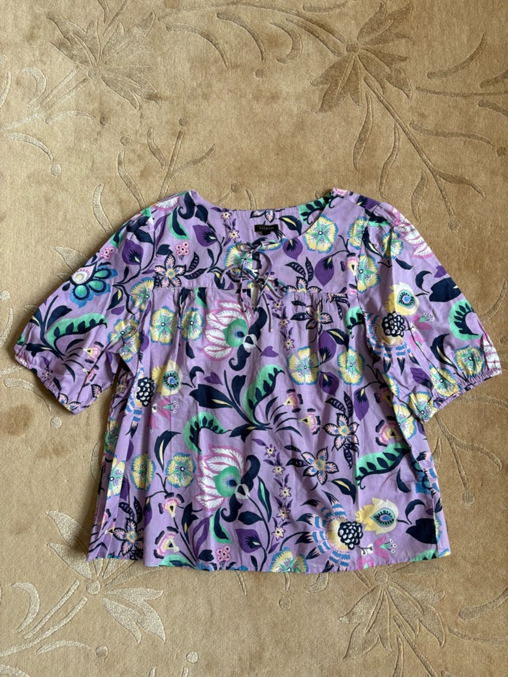 NWT, Talbots Cotton Short Sleeve Tie Front Top, Lavender Jacobean Floral, Size L - Picture 9 of 13